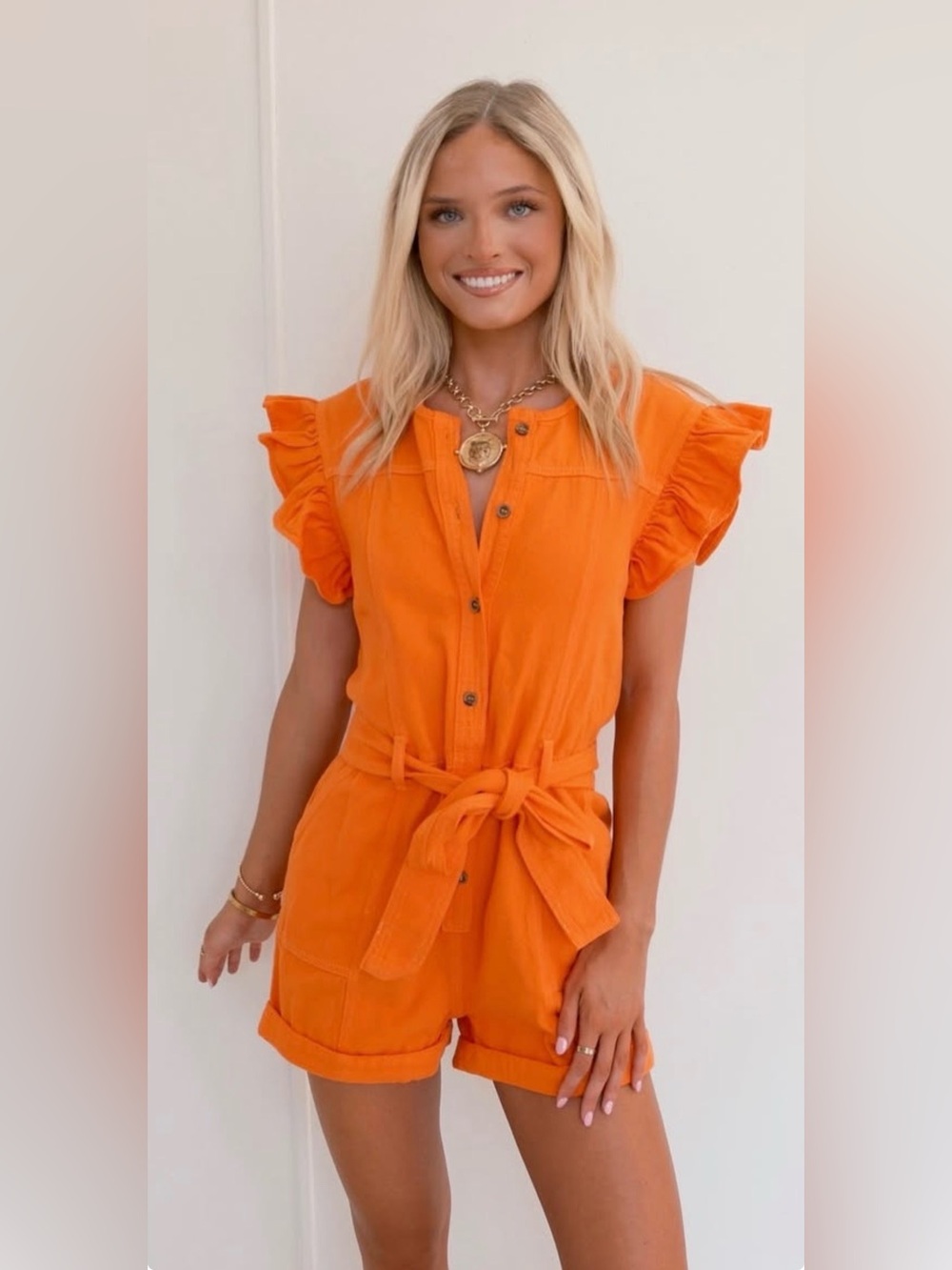 Day + Moon College Game Day Orange Button-Front Tie-Waist Romper Size Small